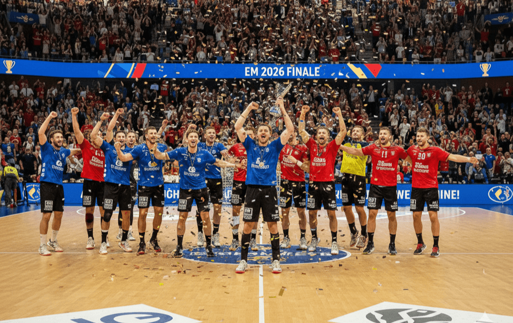 Ein jubelndes Handball Team nach dem Gewinn der Handball Europameisterschaft 2026.