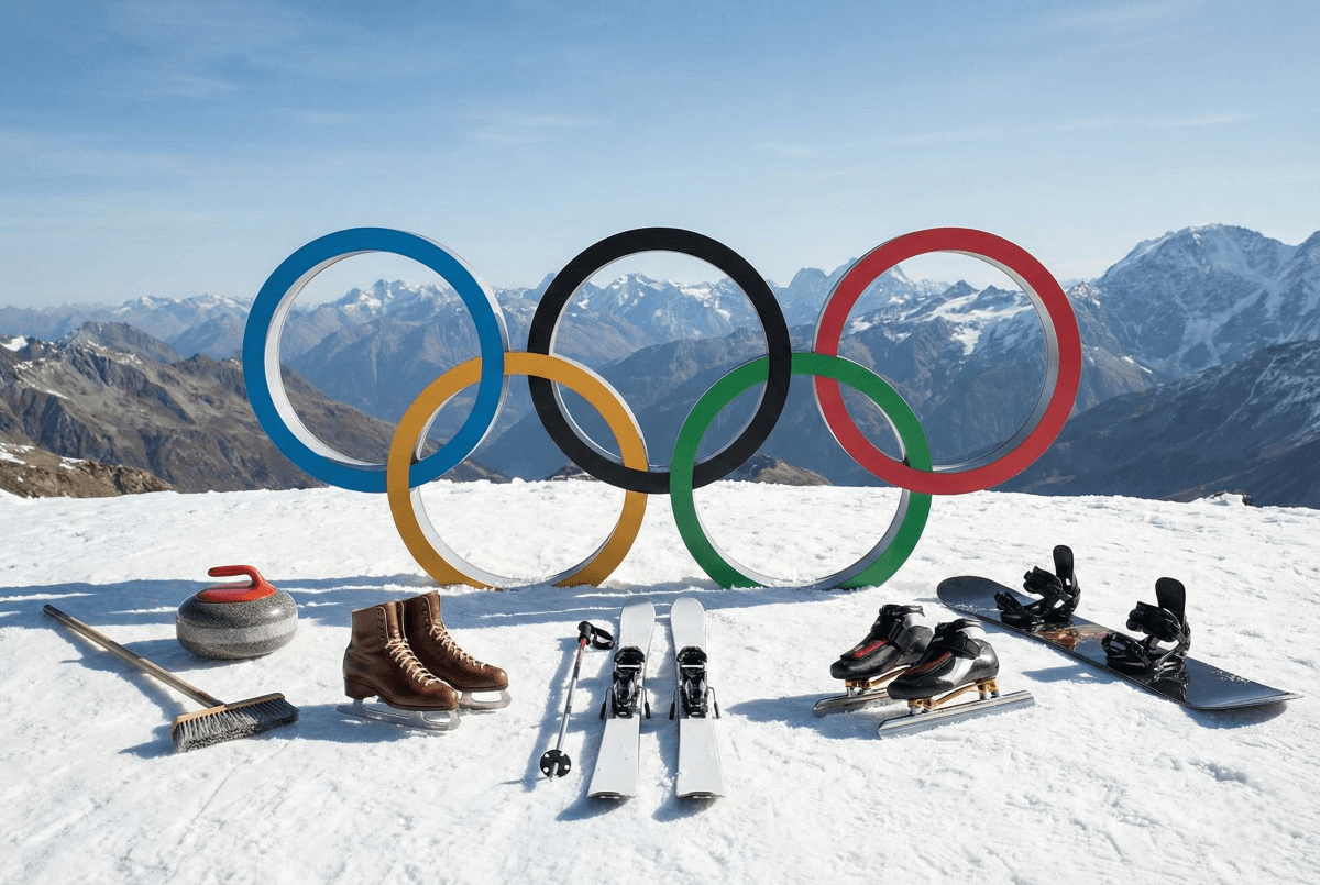 Die Olympischen Ringe. Drumherum Symbolbilder für die Sportarten Curling, Eiskunstlauf, Freestyle-Skiing, Short Track und Snowboard.