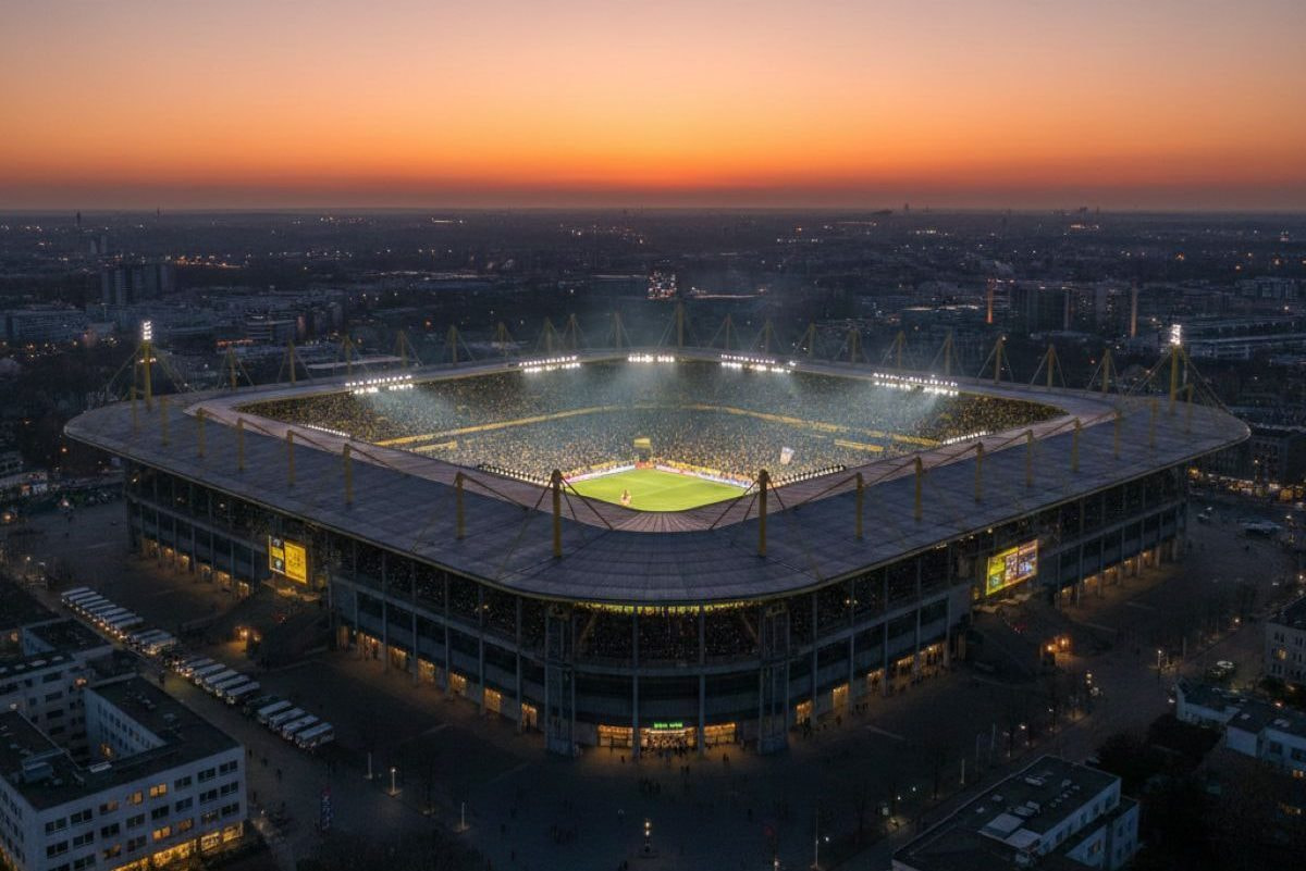 Der voll besetzte Signal Iduna Park in der Dämmerung.