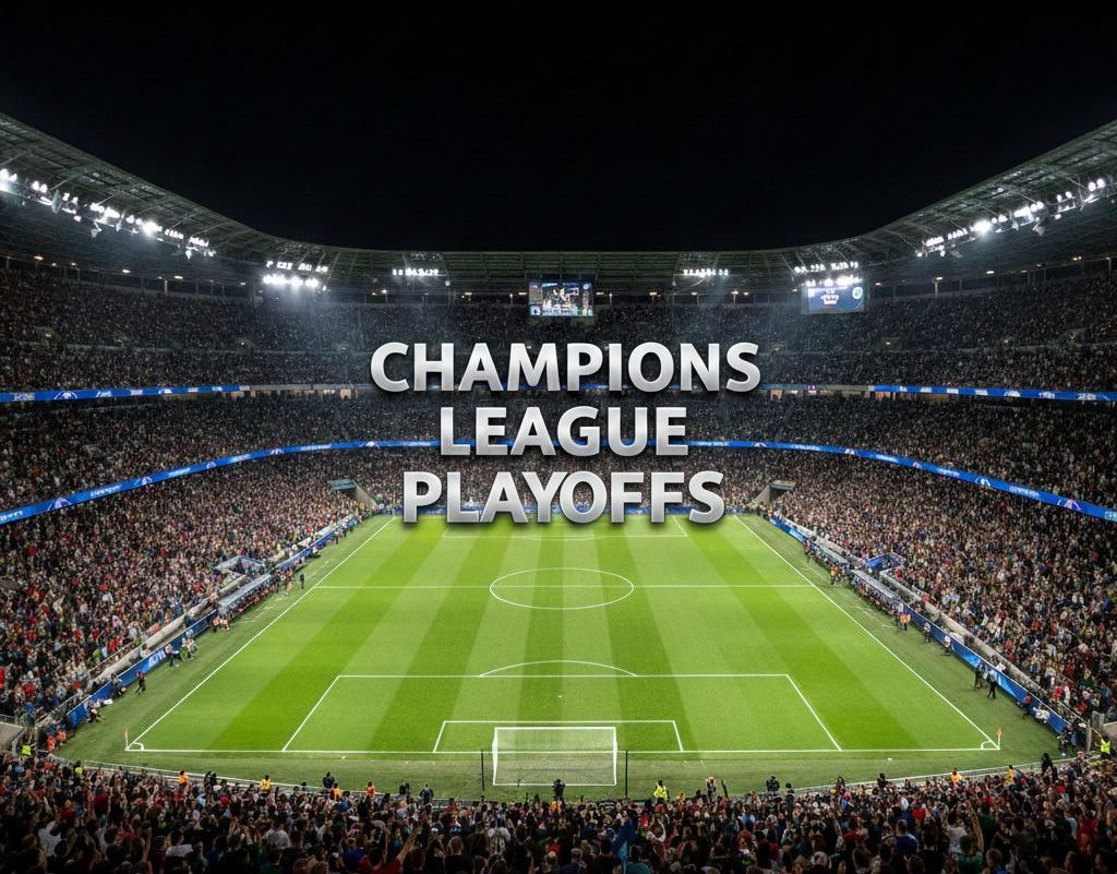 Ein volles Fußballstadion bei Nacht. Der Schriftzug: Champions League Playoffs.