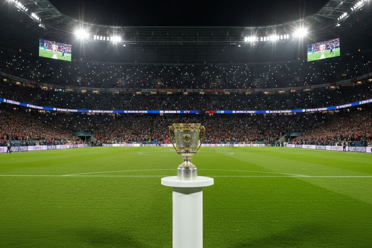 Der DFB-Pokal auf einem Sockel in einem gefüllten Stadion.