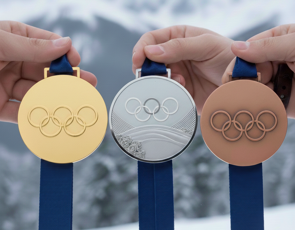 Abbildung von drei olympischen Medaillen. Jeweils Gold, Silber und Bronze.