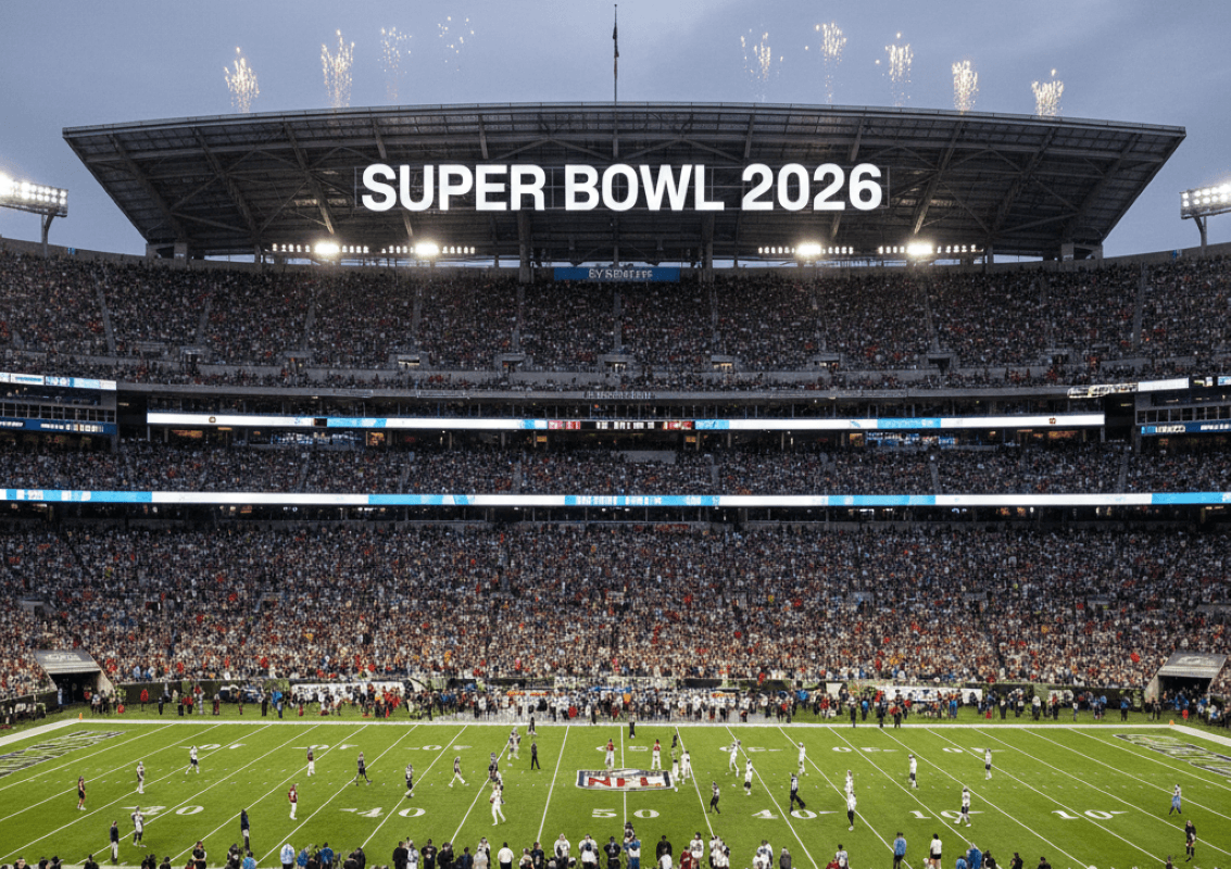 Ein gefülltes Football-Stadion mit der Überschrift Super Bowl 2026.