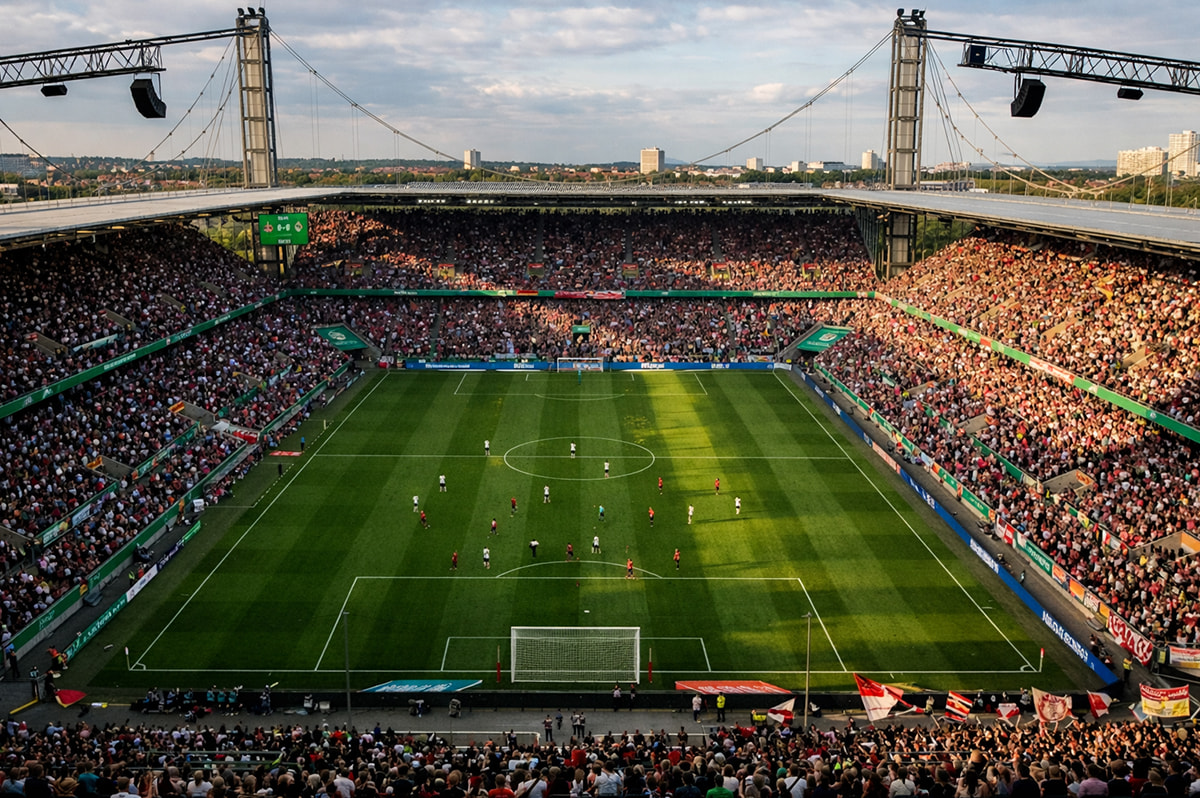 Ein volles Fußballstadion mit Licht und Schatten