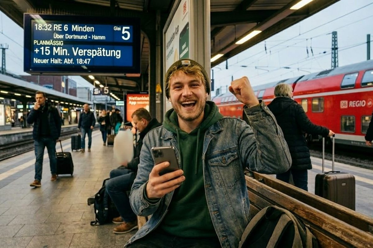 Ein Mann sitzt auf dem Bahnsteig und wartet auf seinen verspäteten Zug. Er jubelt beim Blick auf sein Handy.