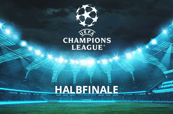 Ein Fußballstadion bei Nacht mit der Überschrift Champions League Halbfinale.