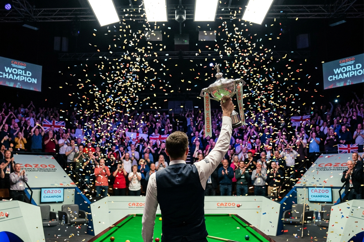 Ein Snookertisch in der Mitte einer voll besetzten Arena.
