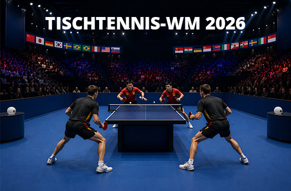 Eine Tischtennisplatte und vier Spieler kurz vor dem Spielbeginn bei der Tischtennis-WM 2026.