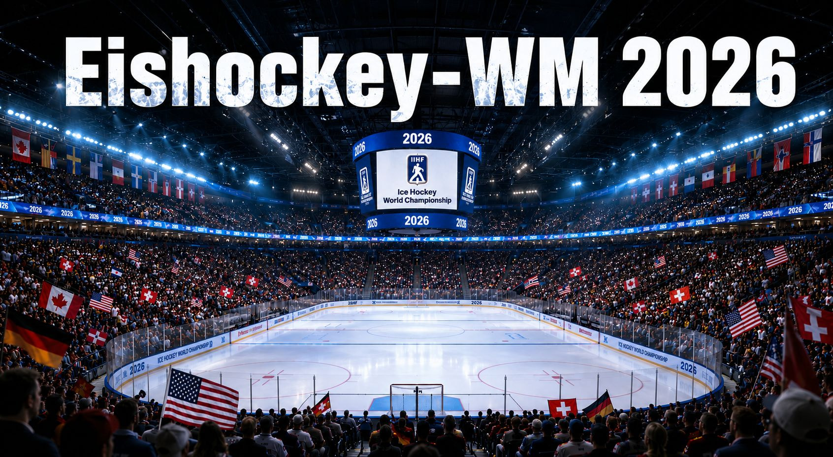 Ein gefülltes Stadion der Eishockey-WM 2026 in der Schweiz.