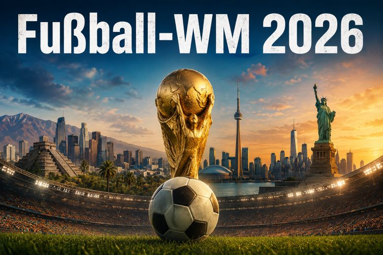 Ein Fußball und der Pokal der Weltmeisterschaft. Im Hintergrund symbolische Darstellung von Kanada, Mexiko und den USA.