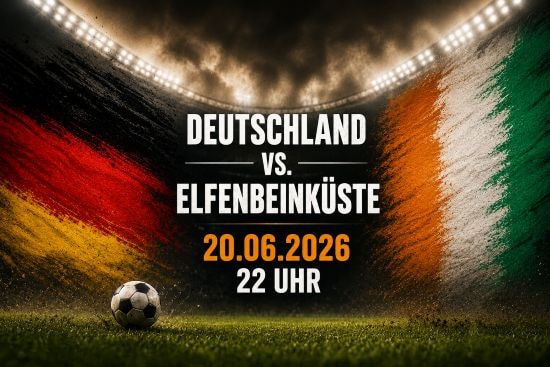 Poster zum Spiel zwischen Deutschland und der Elfenbeinküste am 20.06.2026 um 22 Uhr im Rahmen der Fußball-WM 2026.