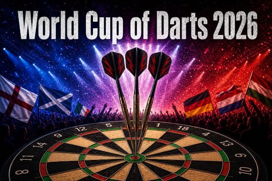 Eine Dartscheibe mit drei Pfeilen im Bullseye. Schriftzug World Cup of Darts 2026.