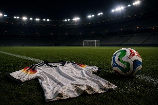Ein Deutschland-Trikot liegt in einem leeren Fußballstadion. Daneben liegt der Trionda, der Fußball zur Weltmeisterschaft 2026.