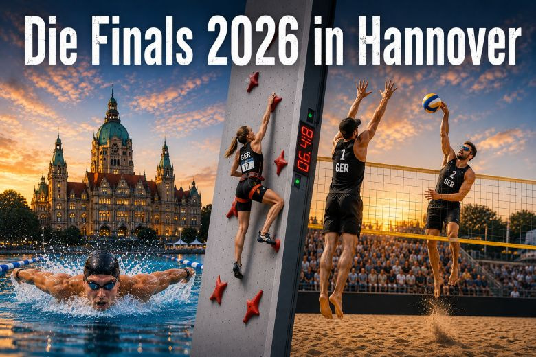 Ein Schwimmer, eine Frau beim Speed-Klettern und zwei Männer beim Beach-Volleyball.