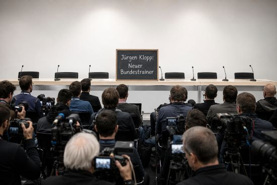 Eine Pressekonferenz. Auf einer Tafel steht, dass Jürgen Klopp neuer Bundestrainer ist.