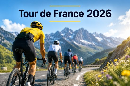 Mehrere Rennradfahrer fahren auf der Strecke der Tour de France 2026.