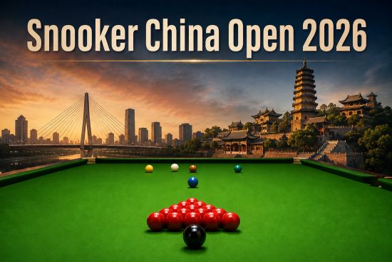 Ein Snookertisch kurz vor dem Start eines Spiels. Verschiedene Symbole für die chinesische Stadt Taiyuan.
