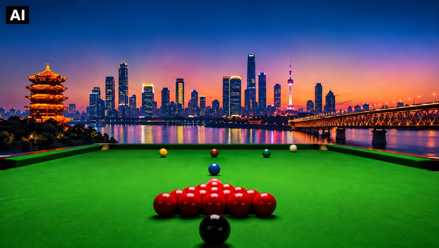 Ein Snookertisch kurz vor Spielbeginn. Im Hintergrund die Skyline von Wuhan, China.