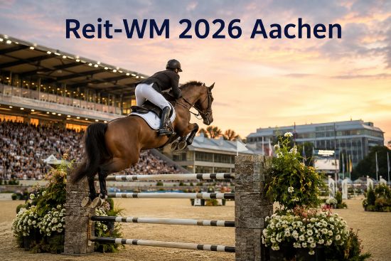 Ein Pferd springt bei der Reit-WM 2026 in Aachen über ein Hindernis.
