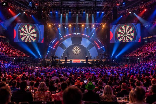 Eine Bühne in einer gefüllten Halle. Auf zwei Bildschirmen ist eine Dartscheibe zu sehen.