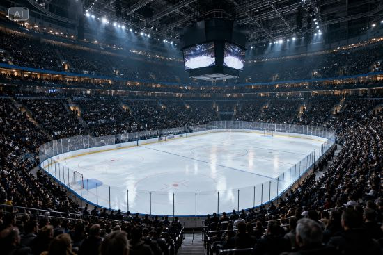 Eine Eishockeyhalle mit vollen Tribünen.