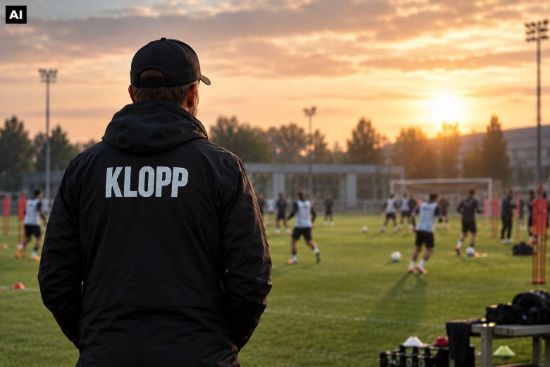 Ein Fußballtraining. Der Coach trägt eine Jacke mit der Aufschrift „Klopp“.