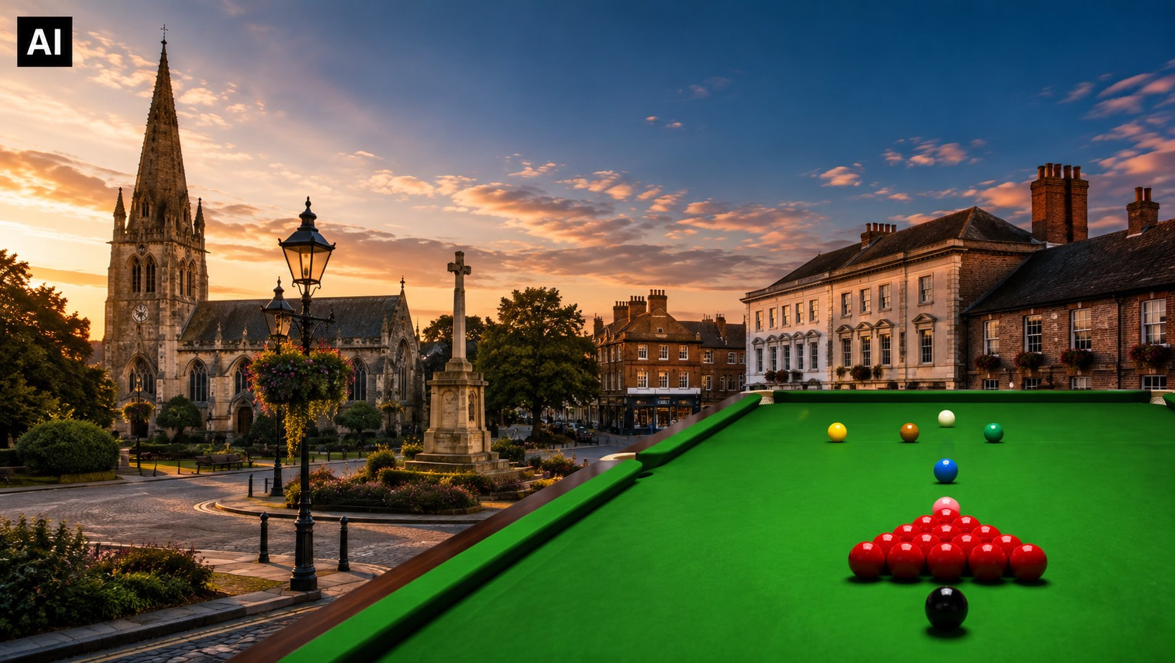Ein Snookertisch kurz vor dem Start eines Spiels. Die Stadt Brentwood im Hintergrund.