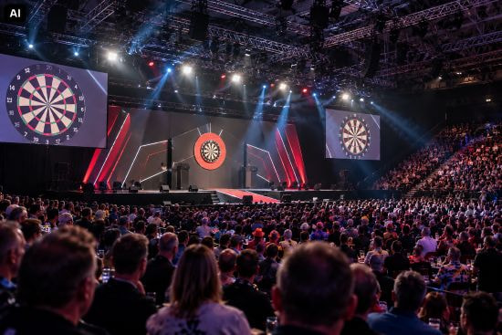 Eine volle Halle. Auf der Bühne hängt eine Dartscheibe. Mehrere Bildschirme zeigen die Dartscheibe in Großaufnahme.