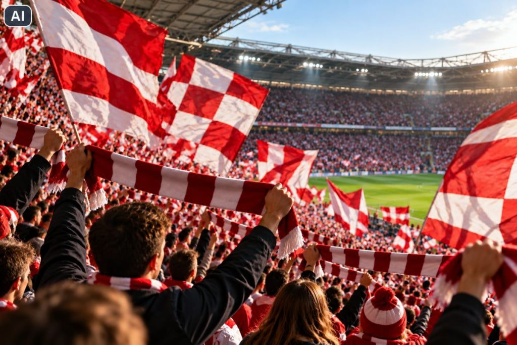 Jubelnde Fußballfans mit Schals und Flaggen.