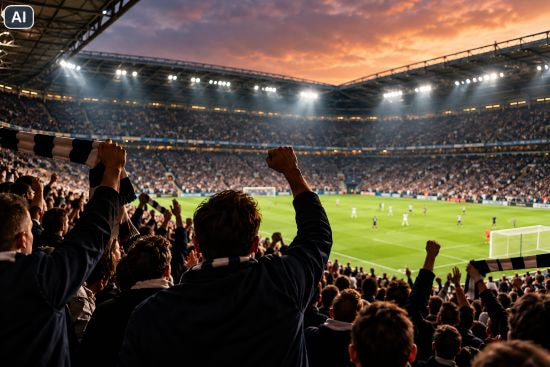 Jubelnde Fußballfans in einem vollen Stadion.